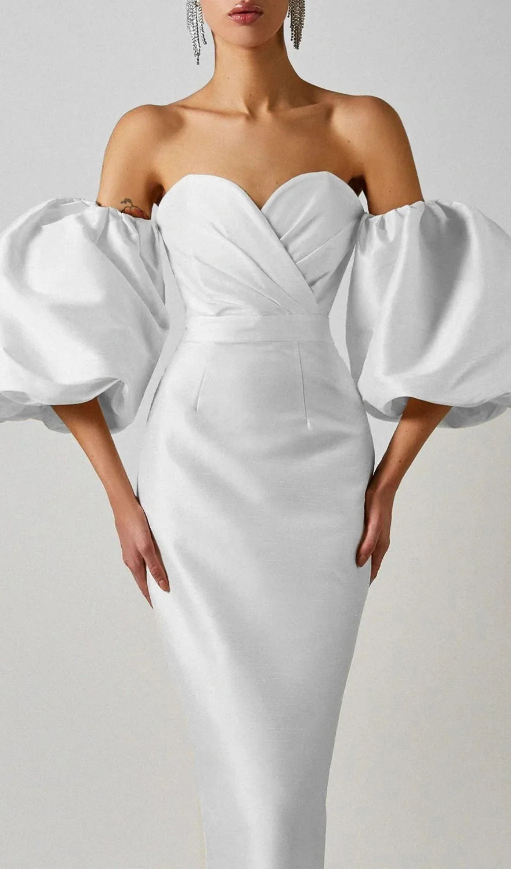 White Satin Strapless Prom Dress With Bubble Sleeves