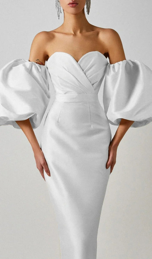 White Satin Strapless Prom Dress With Bubble Sleeves
