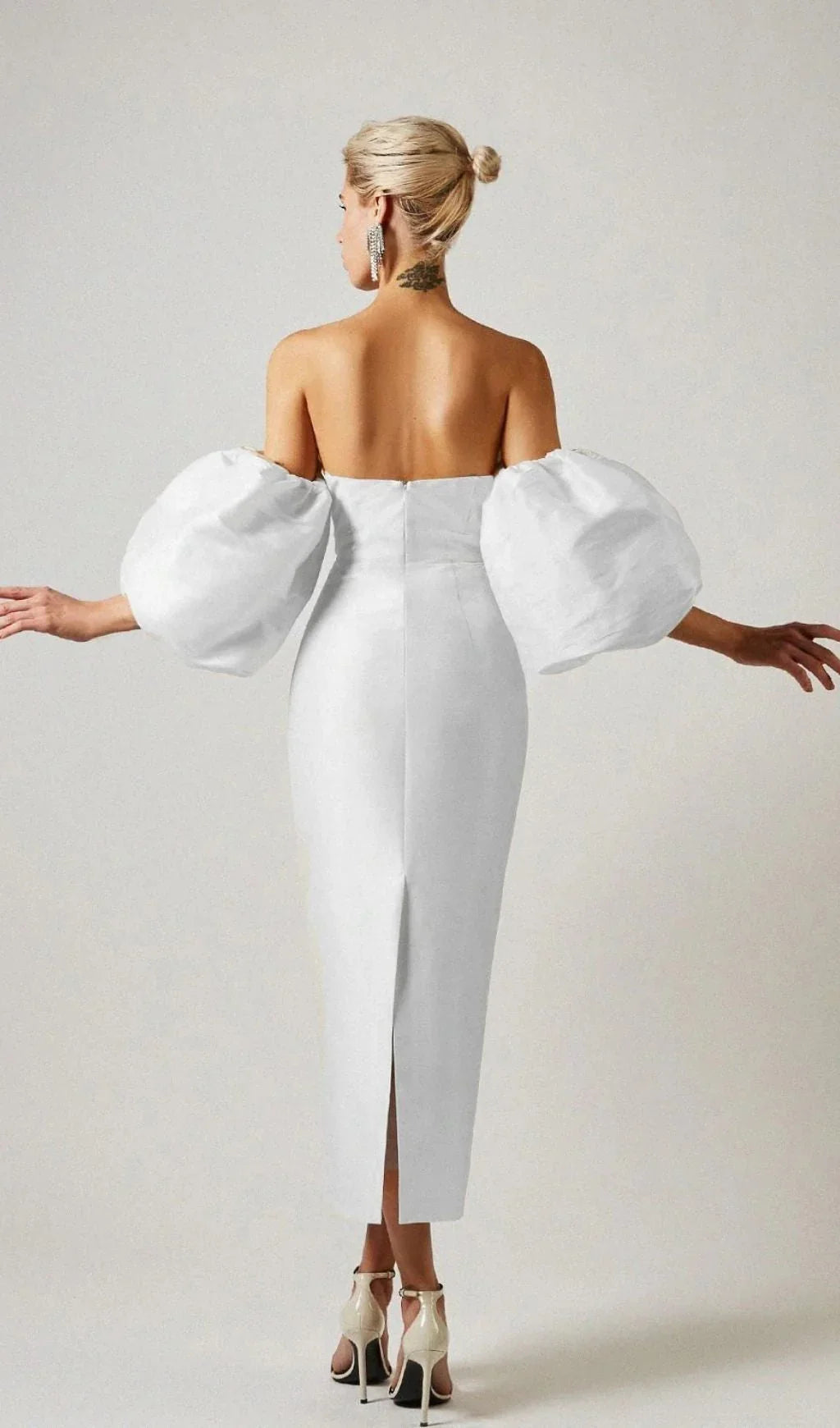 White Satin Strapless Prom Dress With Bubble Sleeves