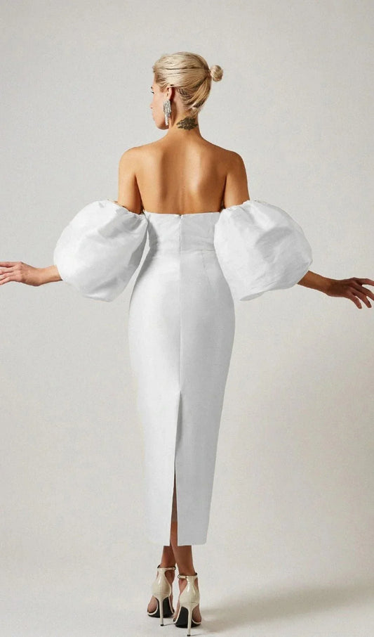 White Satin Strapless Prom Dress With Bubble Sleeves