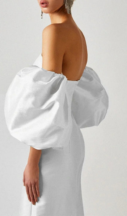 White Satin Strapless Prom Dress With Bubble Sleeves