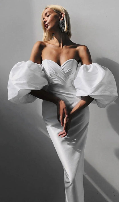 White Satin Strapless Prom Dress With Bubble Sleeves