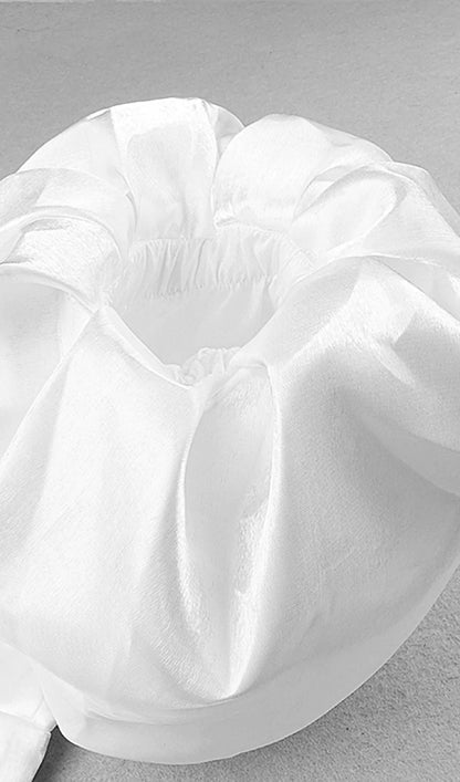 White Satin Strapless Prom Dress With Bubble Sleeves