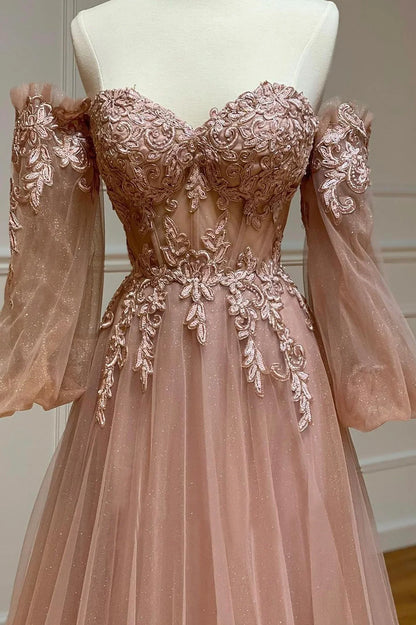 A-Line Off the Shoulder Tulle Lace Long Prom Dresses