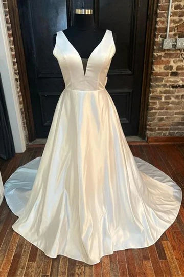 Satin Plunging Neck Bow-Back A-Line Long Wedding Dress