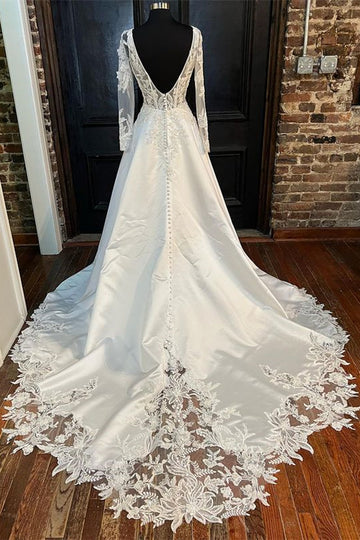 White Long Sleeve A-Line Wedding Dress