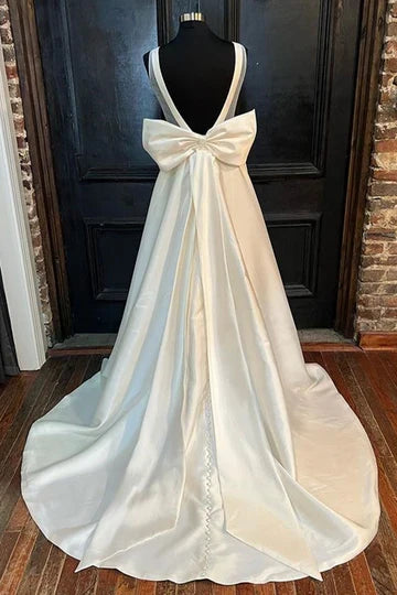 Satin Crew Neck Bow-Back A-Line Wedding Dress