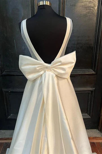 Satin Crew Neck Bow-Back A-Line Wedding Dress