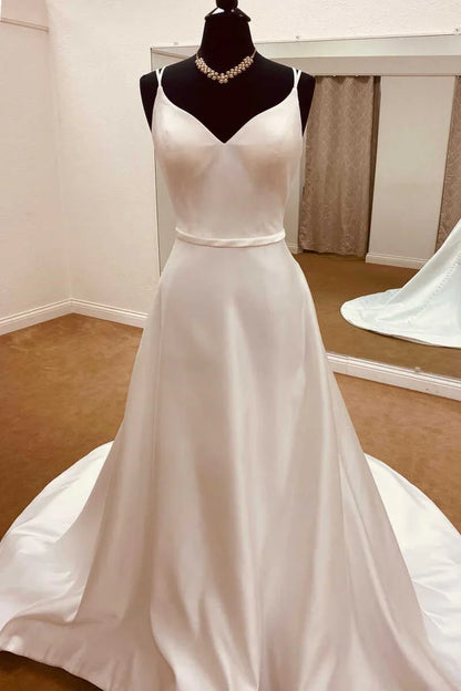 Satin Spaghetti Straps Backless Long Wedding Dress