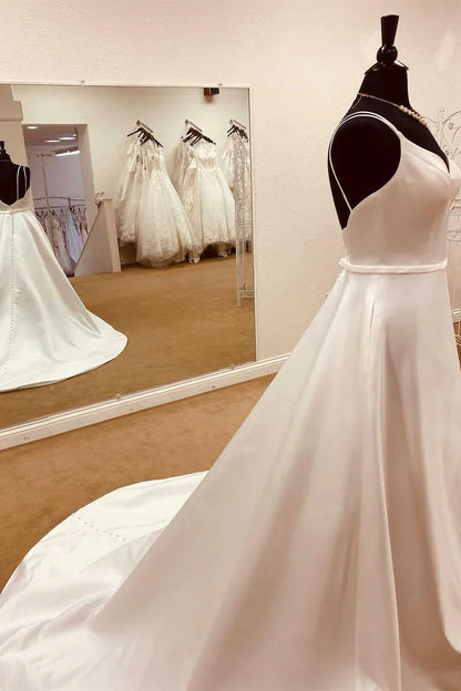 Satin Spaghetti Straps Backless Long Wedding Dress