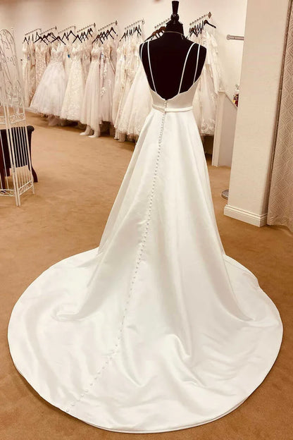 Satin Spaghetti Straps Backless Long Wedding Dress