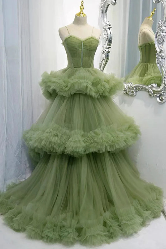 A-Line Formal Green Tulle Long Prom Dresses
