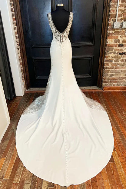 V-Neck Backless Mermaid Long Wedding Gown