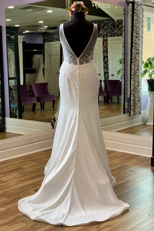Appliques Sheer Straps Open Back Mermaid Long Wedding Dress