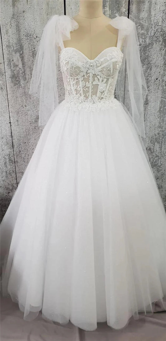 Tulle Sweetheart Lace-Up A-Line Long Wedding Dress