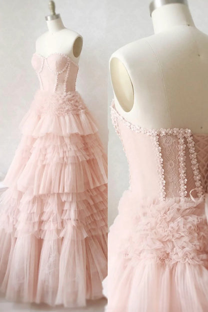 A-Line Strapless Pink Tulle Lace Long Prom Dresses