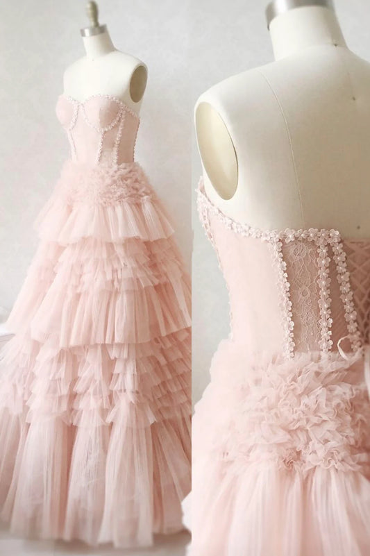 A-Line Strapless Pink Tulle Lace Long Prom Dresses
