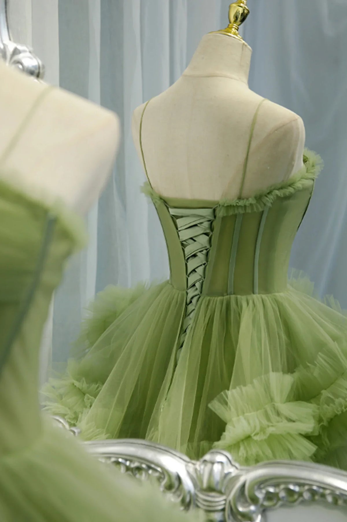 A-Line Formal Green Tulle Long Prom Dresses