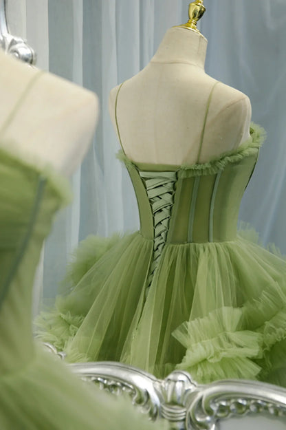 A-Line Formal Green Tulle Long Prom Dresses