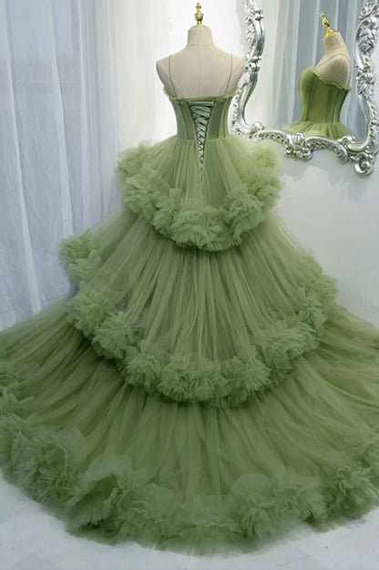 A-Line Formal Green Tulle Long Prom Dresses