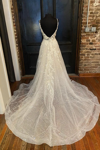 A-Line Backless White Tulle Sequins Long Prom Dresses