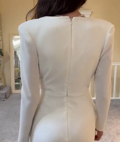 Deep V Long Wedding Dress with Long Sleeves