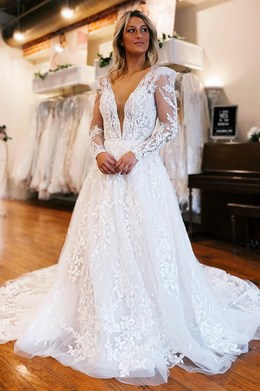 A-Line Deep V Long Wedding Dress With Appliques