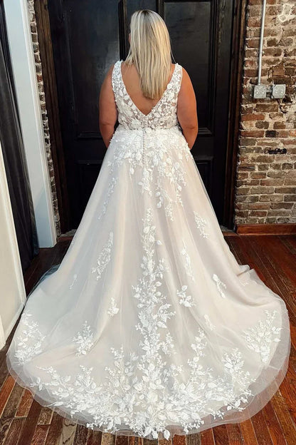A-Line Floral Lace V-Neck Wedding Dress with