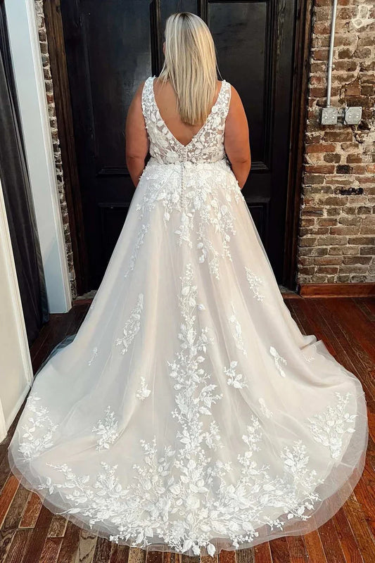A-Line Floral Lace V-Neck Wedding Dress with