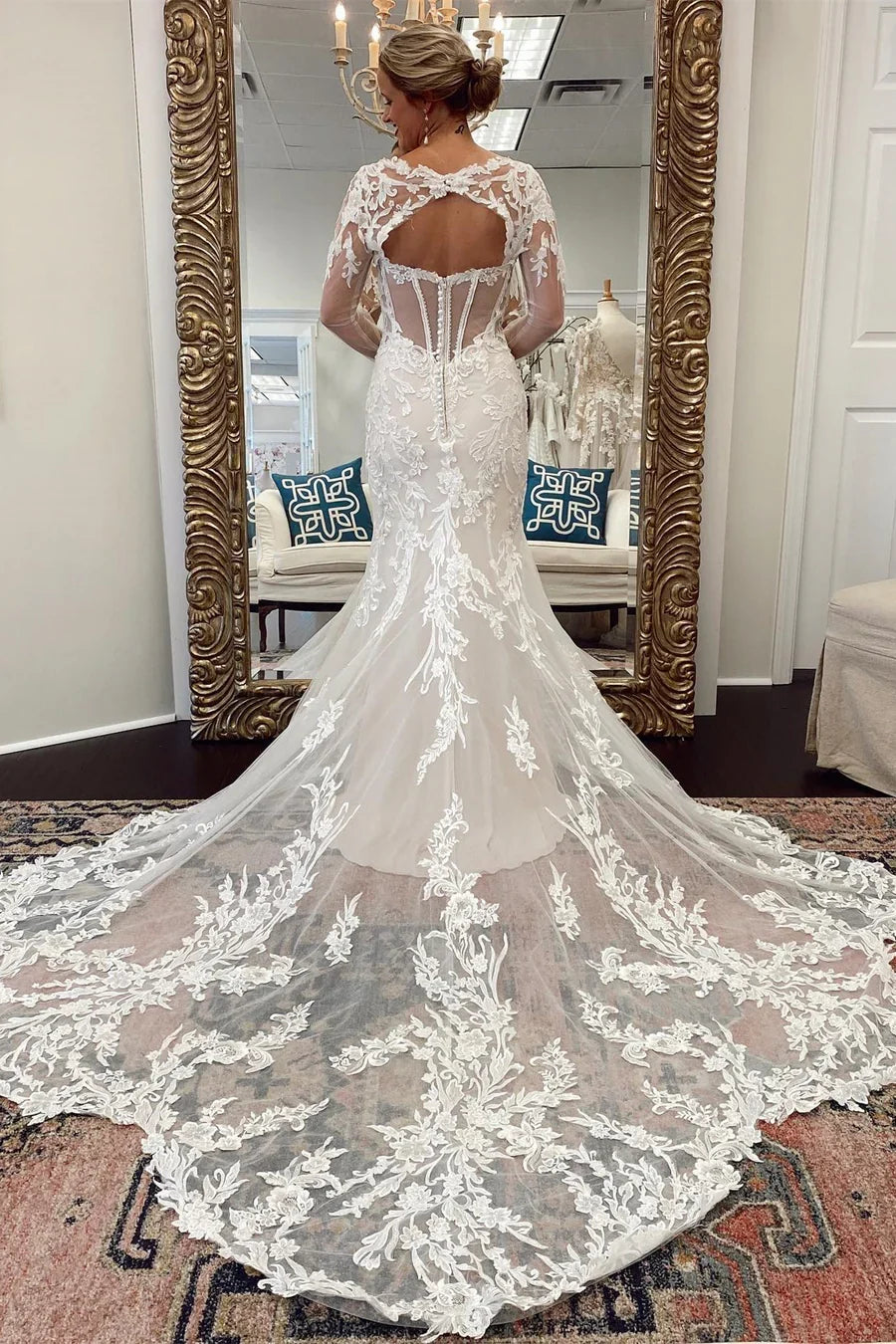 Lace Cutout Long Sleeves Trumpet Wedding Dress