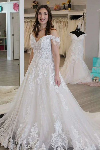 A-Line Off-the-Shoulder Tassel Long Wedding Dress With Applique