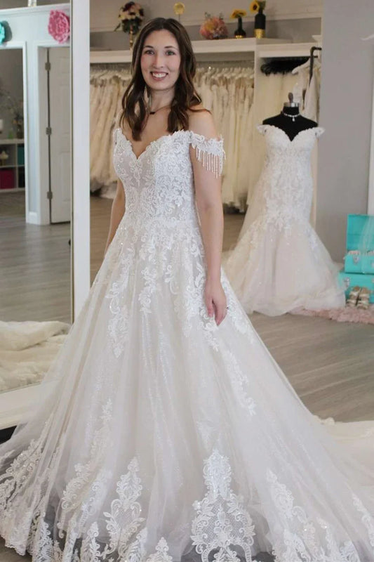 A-Line Off-the-Shoulder Tassel Long Wedding Dress With Applique