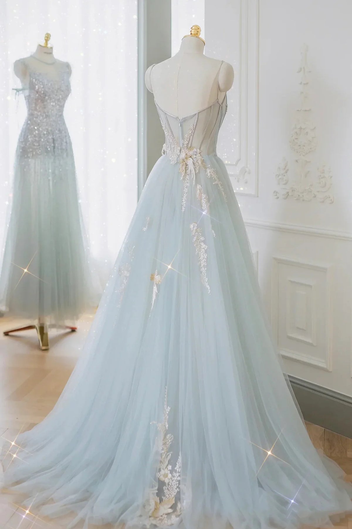 A-Line Strapless Blue Tulle Lace Long Prom Dress