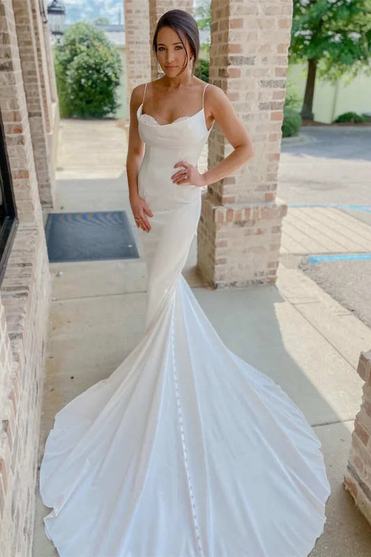Round Neck Spaghetti Straps Mermaid Long Wedding Dress With Open Back