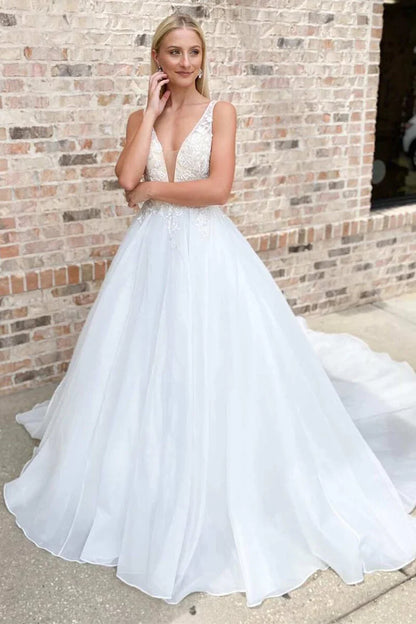A-Line Lace Deep V Backless Train Wedding Dress