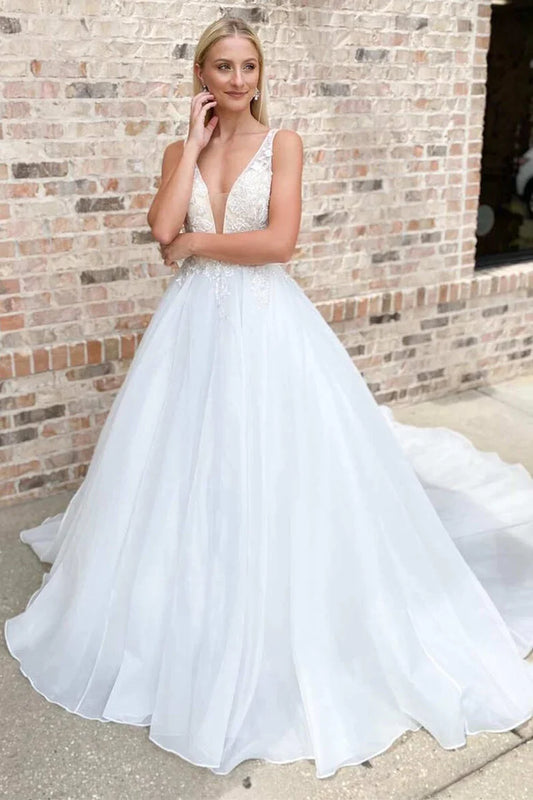 A-Line Lace Deep V Backless Train Wedding Dress