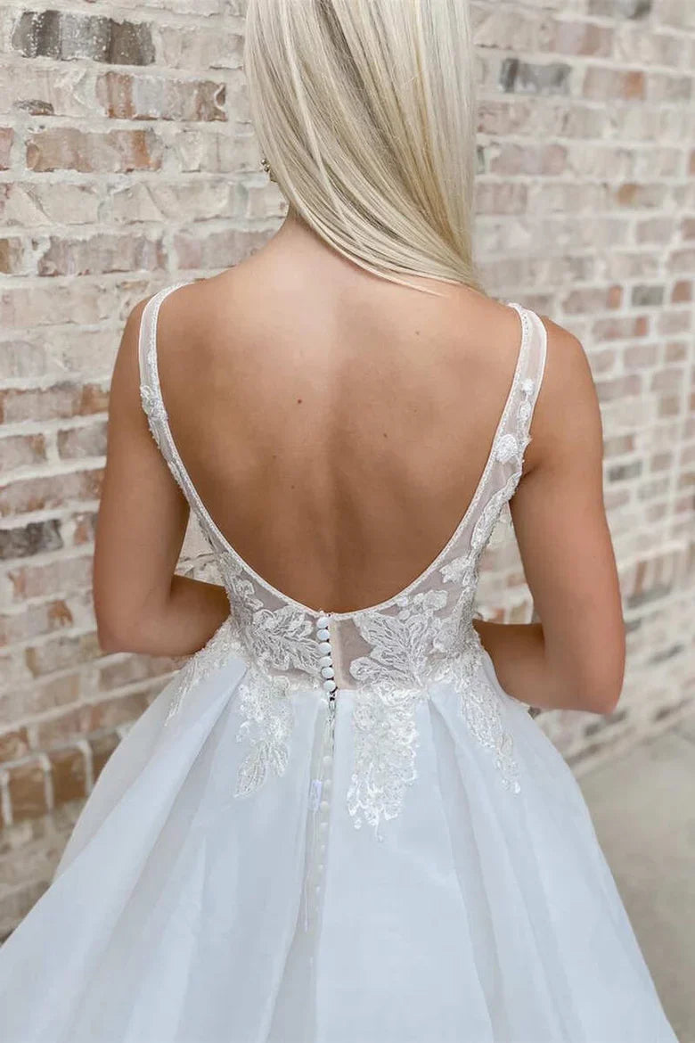 A-Line Lace Deep V Backless Train Wedding Dress