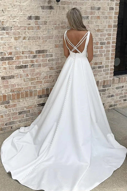 A-Line V-Neck Open-Back Long Wedding Gown