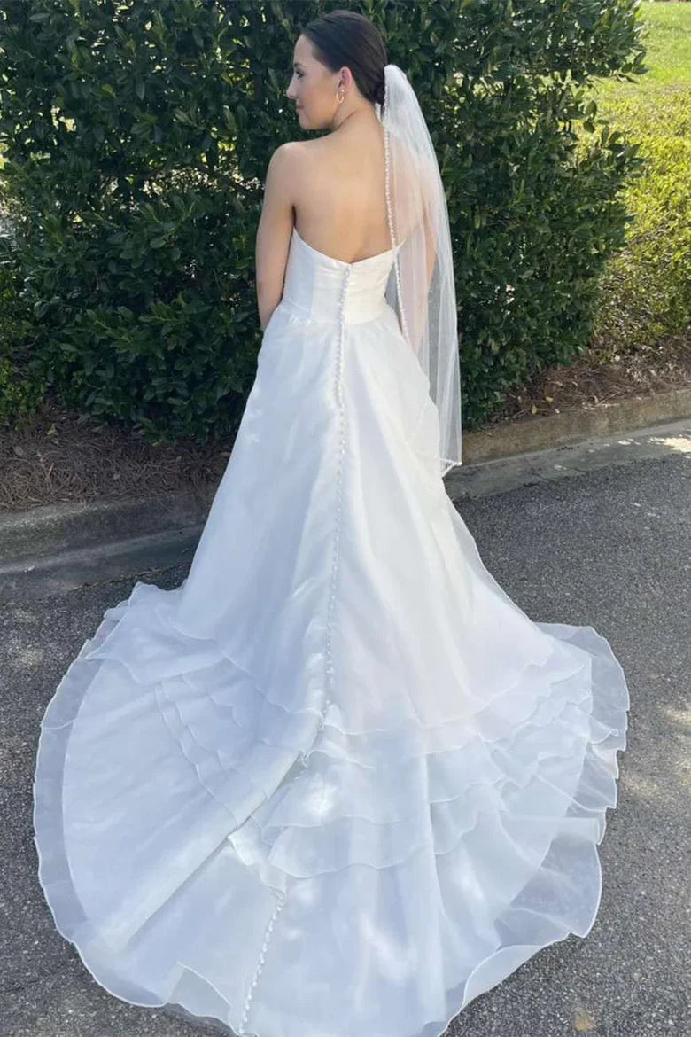 A-Line Strapless Multi-Tiered Long Wedding Dress With Train