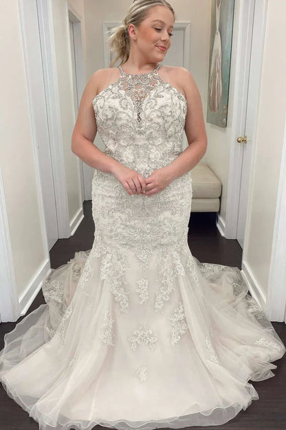 Beaded Halter Trumpet Long Wedding Dress With Train