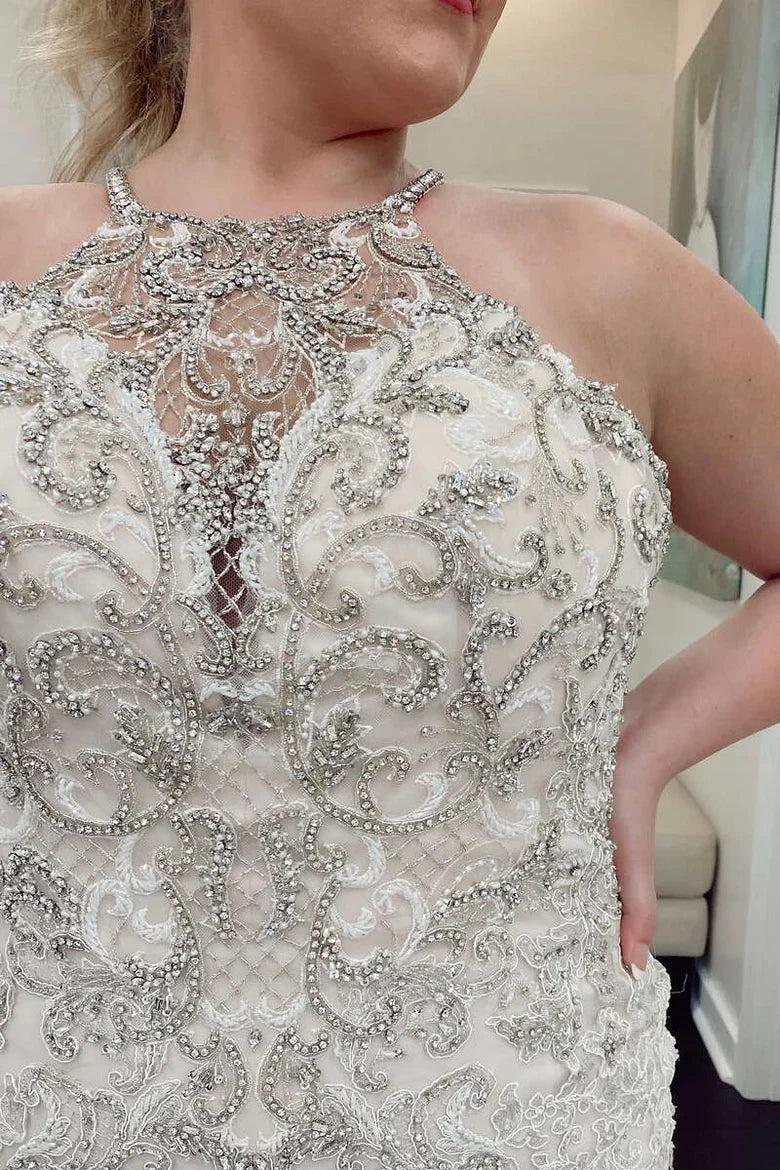 Beaded Halter Trumpet Long Wedding Dress With Train