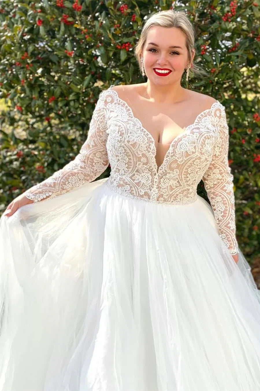 A-Line Lace Deep V-Neck Long Sleeve Backless Wedding Dress