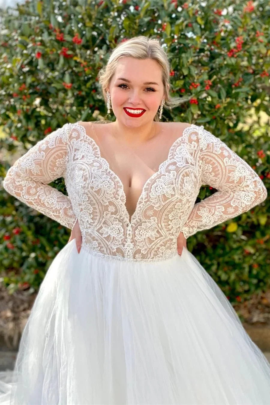 A-Line Lace Deep V-Neck Long Sleeve Backless Wedding Dress