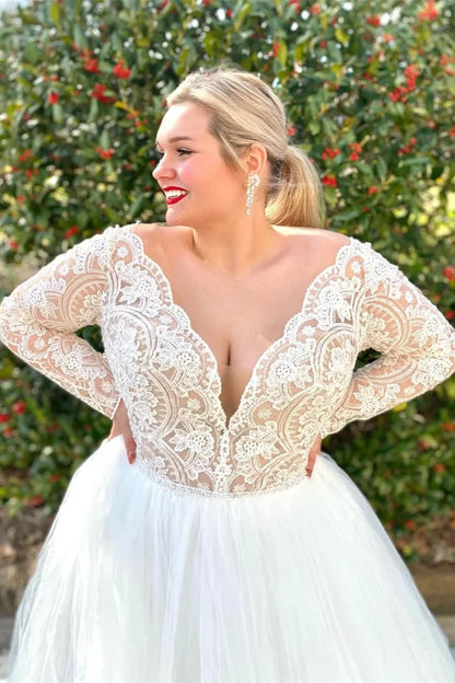 A-Line Lace Deep V-Neck Long Sleeve Backless Wedding Dress
