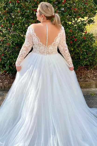 A-Line Lace Deep V-Neck Long Sleeve Backless Wedding Dress