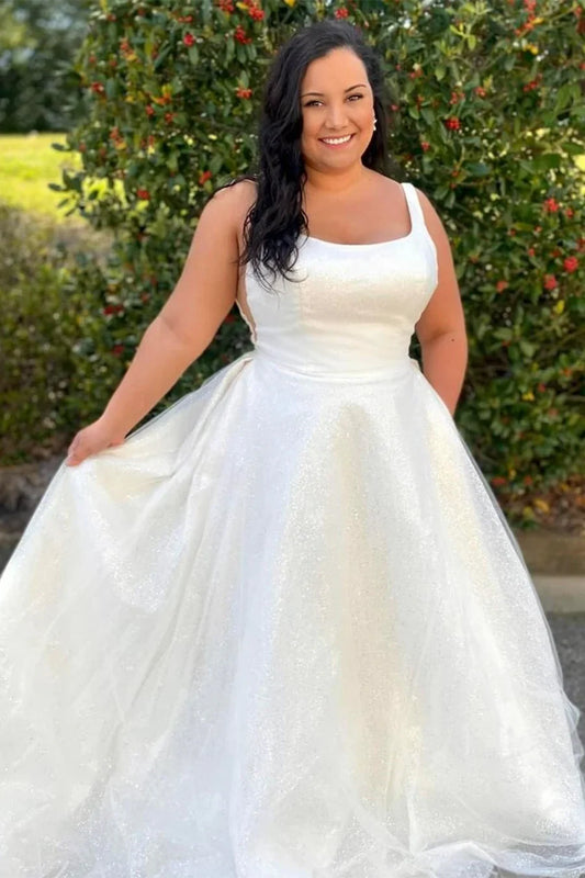 A-Line Glittery Square Neck Long Wedding Dress