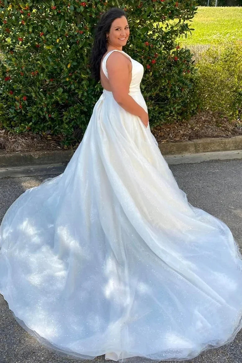 A-Line Glittery Square Neck Long Wedding Dress