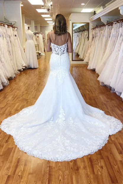 Lace Straps Mermaid Long Wedding Dress With Train