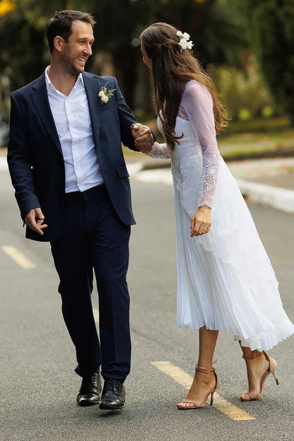 Sweetheart Long Sleeve Tea-length Wedding Dress