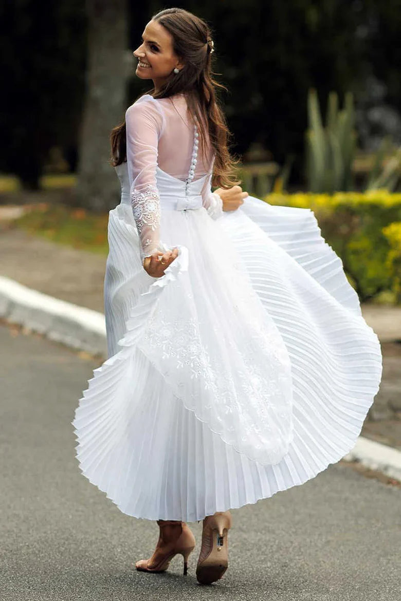 Sweetheart Long Sleeve Tea-length Wedding Dress